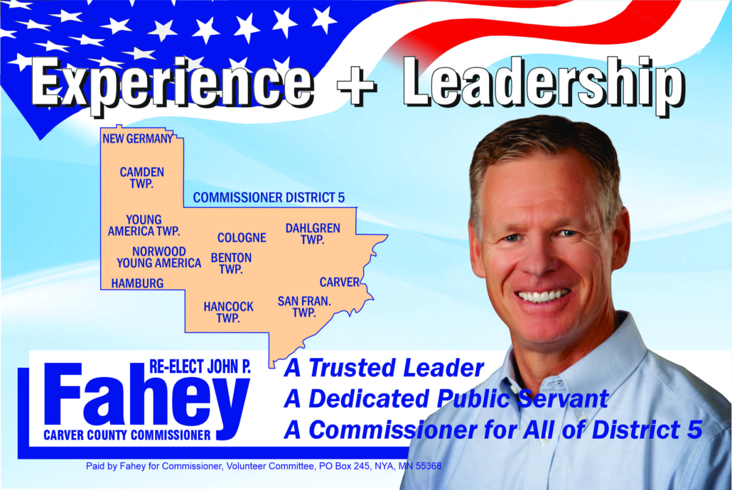 John P Fahey mailer 2026 with map of Carver County District 5